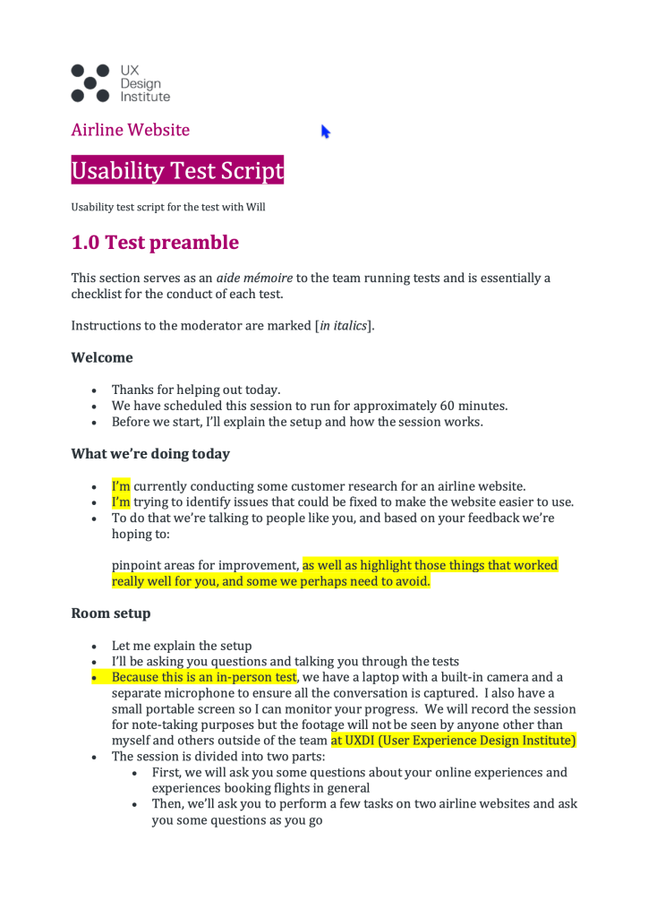 User Test Script page 1